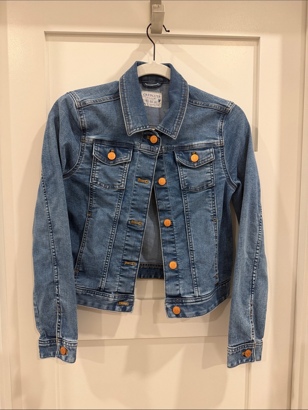 J. Crew Blue Denim Jean Jacket with Orange Buttons